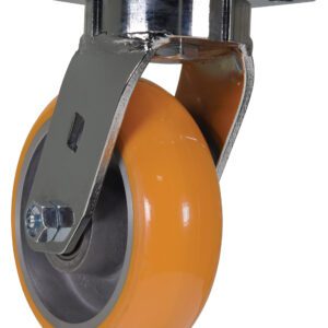 The Vestil 6 X 2 Sirius Pu Swivel features an orange rubber tire on a shiny metal bracket with a square mounting plate, highlighting the wheels axle and support structure.