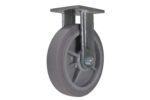 The Vestil 8 X 2 Duratek Tpr, Rigid caster wheel features a sturdy metal mounting plate and bracket, ideal for industrial and furniture use. It is designed for heavy loads and boasts a sleek gray finish, shown on a white background.
