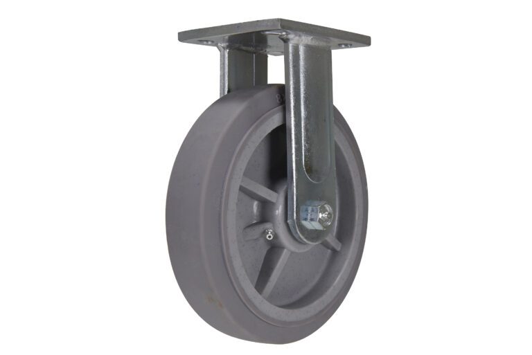 The Vestil 8 X 2 Duratek Tpr, Rigid caster wheel features a sturdy metal mounting plate and bracket, ideal for industrial and furniture use. It is designed for heavy loads and boasts a sleek gray finish, shown on a white background.