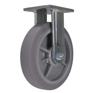 The Vestil 8 X 2 Duratek Tpr, Rigid caster wheel features a sturdy metal mounting plate and bracket, ideal for industrial and furniture use. It is designed for heavy loads and boasts a sleek gray finish, shown on a white background.