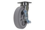 The Vestil 8 X 2 Duratek Tpr, Swivel W/Brake boasts a metal bracket with a locking mechanism and metal plate for easy mounting, featuring a solid tire and reflective metal parts that enhance its durability.