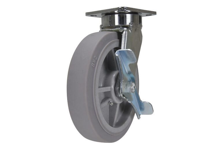 CST-FC47-8X2DK-SWB_A.jpg The Vestil 8 X 2 Duratek Tpr, Swivel W/Brake boasts a metal bracket with a locking mechanism and metal plate for easy mounting, featuring a solid tire and reflective metal parts that enhance its durability.