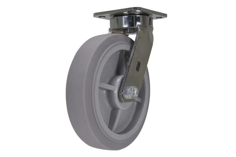 CST-FC47-8X2DK-S_A.jpg The Vestil 8 X 2 Duratek Tpr Swivel caster, complete with a gray wheel and metallic bracket, ensures smooth movement on flat surfaces. Its angled to display both its side and top components effectively.