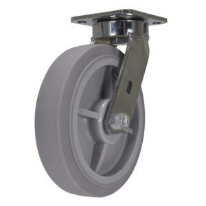 The Vestil 8 X 2 Duratek Tpr Swivel caster, complete with a gray wheel and metallic bracket, ensures smooth movement on flat surfaces. Its angled to display both its side and top components effectively.