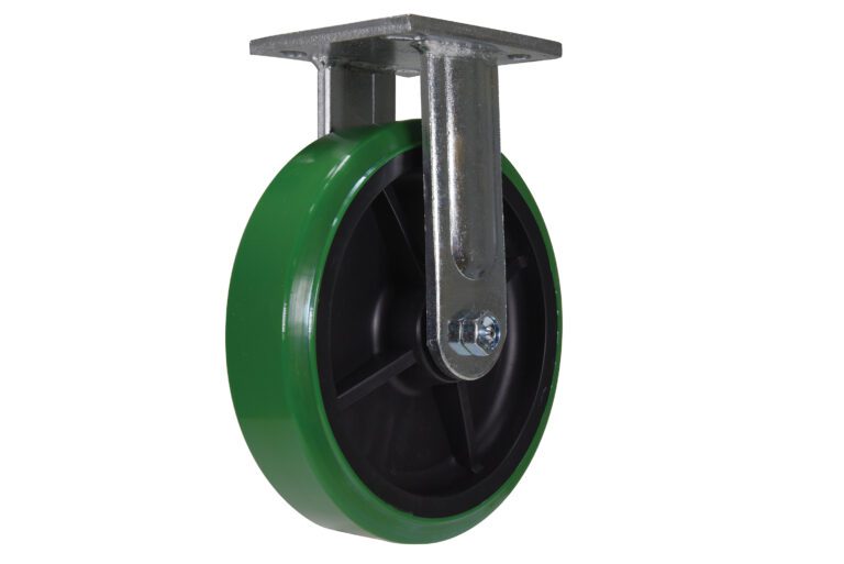 The Vestil 8 X 2 Duratough PTU, Rigid caster wheel features a green outer edge contrasting with the black inner wheel and a metal mounting bracket on a silver frame. It offers smooth swiveling and versatile mounting with its eye-catching green and black design.