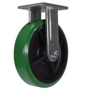 The Vestil 8 X 2 Duratough PTU, Rigid caster wheel features a green outer edge contrasting with the black inner wheel and a metal mounting bracket on a silver frame. It offers smooth swiveling and versatile mounting with its eye-catching green and black design.