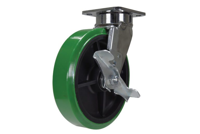 CST-FC47-8X2DT-SWB_A.jpg The Vestil 8 X 2 Duratough PTU, Swivel W/Brake features a green caster wheel with a black hub and polished swivel mount. Its metal bracket includes a locking mechanism, providing stability and mobility for heavy-duty furniture or equipment.