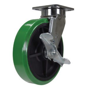 The Vestil 8 X 2 Duratough PTU, Swivel W/Brake features a green caster wheel with a black hub and polished swivel mount. Its metal bracket includes a locking mechanism, providing stability and mobility for heavy-duty furniture or equipment.