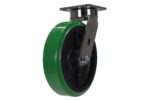 The Vestil 8 X 2 Duratough Ptu Swivel features a green and black design with a durable metal mounting plate, ensuring reliable performance in heavy-duty applications. It hangs below its top-mounted bracket for added stability.