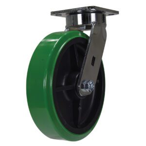 The Vestil 8 X 2 Duratough Ptu Swivel features a green and black design with a durable metal mounting plate, ensuring reliable performance in heavy-duty applications. It hangs below its top-mounted bracket for added stability.