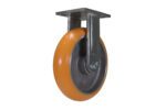 The Vestil 8 X 2 Sirius Pu, Rigid caster features an orange rubber tire on a flat metal plate, securely housed in durable gray metal for smooth maneuverability and strong support across various applications.