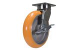 Introducing the Vestil 8 X 2 Sirius Pu, Swivel W/Brake, featuring an orange rubber tire and metal frame. Its swiveling design and locking mechanism ensure stability, while the top metal plate allows easy attachment to surfaces or equipment.