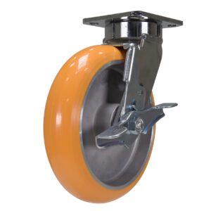 Introducing the Vestil 8 X 2 Sirius Pu, Swivel W/Brake, featuring an orange rubber tire and metal frame. Its swiveling design and locking mechanism ensure stability, while the top metal plate allows easy attachment to surfaces or equipment.