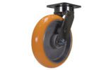 The Vestil 8 X 2 Sirius Pu Swivel is an orange caster wheel with a metal mounting plate and bracket, ideal for industrial or furniture use. It has a smooth, durable design and a sturdy metal frame for support and attachment.