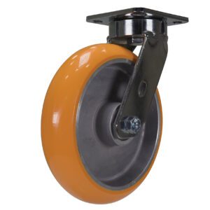 The Vestil 8 X 2 Sirius Pu Swivel is an orange caster wheel with a metal mounting plate and bracket, ideal for industrial or furniture use. It has a smooth, durable design and a sturdy metal frame for support and attachment.
