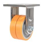 The orange Vestil 4X2 Polyurethane Sirius Dual Rigid Caster by DURASTAR features heavy-duty dual wheels with a sturdy silver metal bracket, mounted on a grey base with bolts, making it ideal for industrial use.