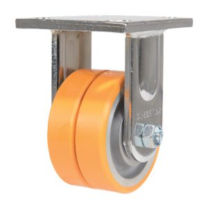 The orange Vestil 4X2 Polyurethane Sirius Dual Rigid Caster by DURASTAR features heavy-duty dual wheels with a sturdy silver metal bracket, mounted on a grey base with bolts, making it ideal for industrial use.