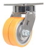 The Vestil 4X2 Polyurethane Sirius Dual Swivel Caster boasts a polished look with orange double-wheel polyurethane on a silver bracket, equipped with a top plate for secure attachment.