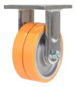 The Vestil 5X2 Polyurethane Sirius Dual Rigid Caster features dual orange wheels and a metal swivel with a mounting plate. Built for heavy-duty applications, its sturdy frame and visible bolts ensure robust attachment and durable performance.