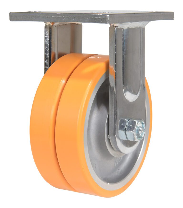 The Vestil 5X2 Polyurethane Sirius Dual Rigid Caster features dual orange wheels and a metal swivel with a mounting plate. Built for heavy-duty applications, its sturdy frame and visible bolts ensure robust attachment and durable performance.