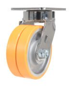 The Vestil 5X2 Polyurethane Sirius Dual Rigid Caster features dual orange wheels and a robust metallic mounting plate, ideal for heavy-duty industrial use.