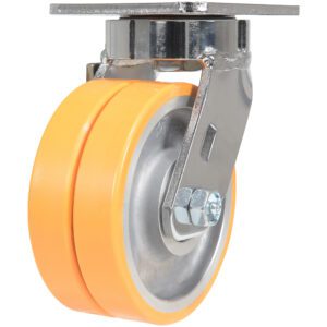 The Vestil 5X2 Polyurethane Sirius Dual Rigid Caster features dual orange wheels and a robust metallic mounting plate, ideal for heavy-duty industrial use.
