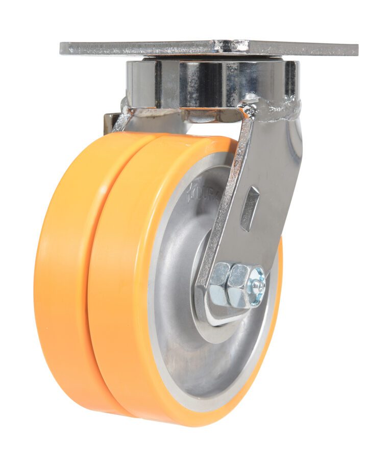 CST-FXE-5X2DSI-S_A.jpg The Vestil 5X2 Polyurethane Sirius Dual Rigid Caster features dual orange wheels and a robust metallic mounting plate, ideal for heavy-duty industrial use.