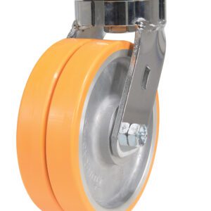 The Vestil 6X2 Polyurethane Sirius Dual Swivel Caster boasts a swiveling design with a solid metal mounting plate and dual orange rubber wheels, showcasing its durable frame and precise components.