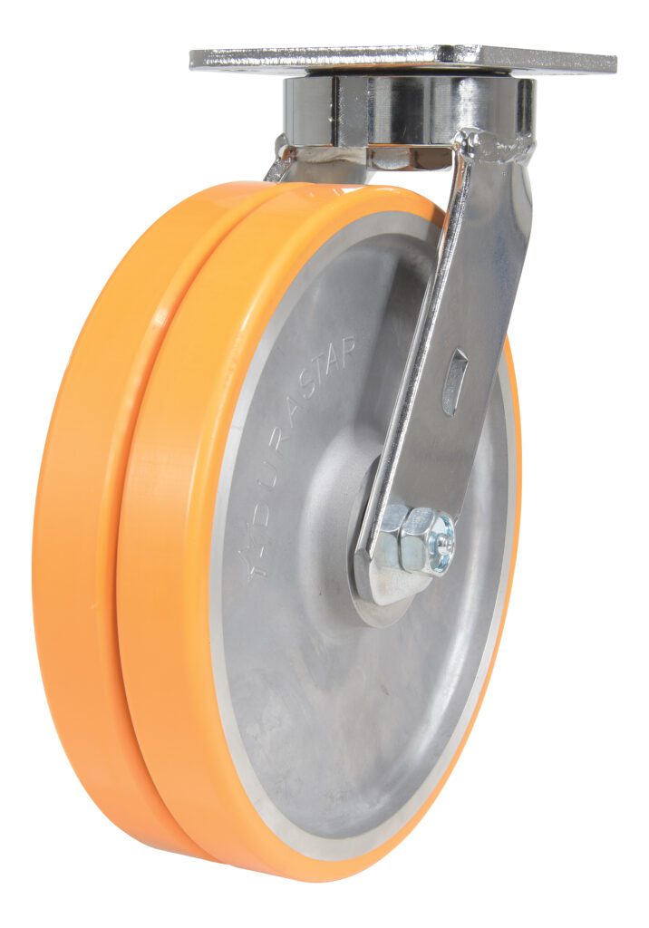 The Vestil 6X2 Polyurethane Sirius Dual Swivel Caster boasts a durable design with an orange rubber tread, silver metal core, and sturdy bracket. Its swivel plate allows easy rotation and movement, ideal for heavy-duty tasks.