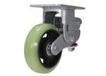 The Vestil 6X1.75 Polyurethane Rigid caster wheel, designed with a metal mounting plate and green rubber tire, features a swiveling metal bracket for easy rotation, securely attaching to furniture or equipment with visible bolts.