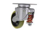 The Vestil 6X1.75 Polyurethane Swivel caster features a metal bracket, a black and yellow polyurethane wheel, red and yellow coil spring suspension for enhanced shock absorption, and a robust mounting plate on top.