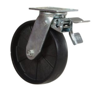 The black and silver Vestil 8X2 Glass-Filled Nylon Swivel W/Lock Caster is shown from the side, with its brake lever in the OFF position for smooth maneuvering.