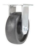 A black rubber wheel caster with a metal bracket designed for mounting under furniture or equipment features a bolt on its rigid bracket with AL-GOOD etched, echoing the durability of the Vestil 6X2 Glass Filled Nylon Heavy Duty Rigid model.