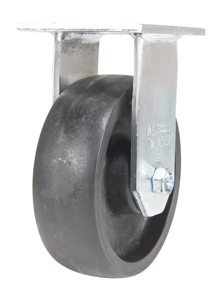 A black rubber wheel caster with a metal bracket designed for mounting under furniture or equipment features a bolt on its rigid bracket with AL-GOOD etched, echoing the durability of the Vestil 6X2 Glass Filled Nylon Heavy Duty Rigid model.