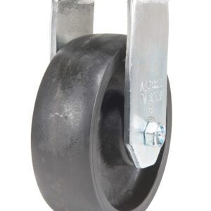 A black rubber wheel caster with a metal bracket designed for mounting under furniture or equipment features a bolt on its rigid bracket with AL-GOOD etched, echoing the durability of the Vestil 6X2 Glass Filled Nylon Heavy Duty Rigid model.