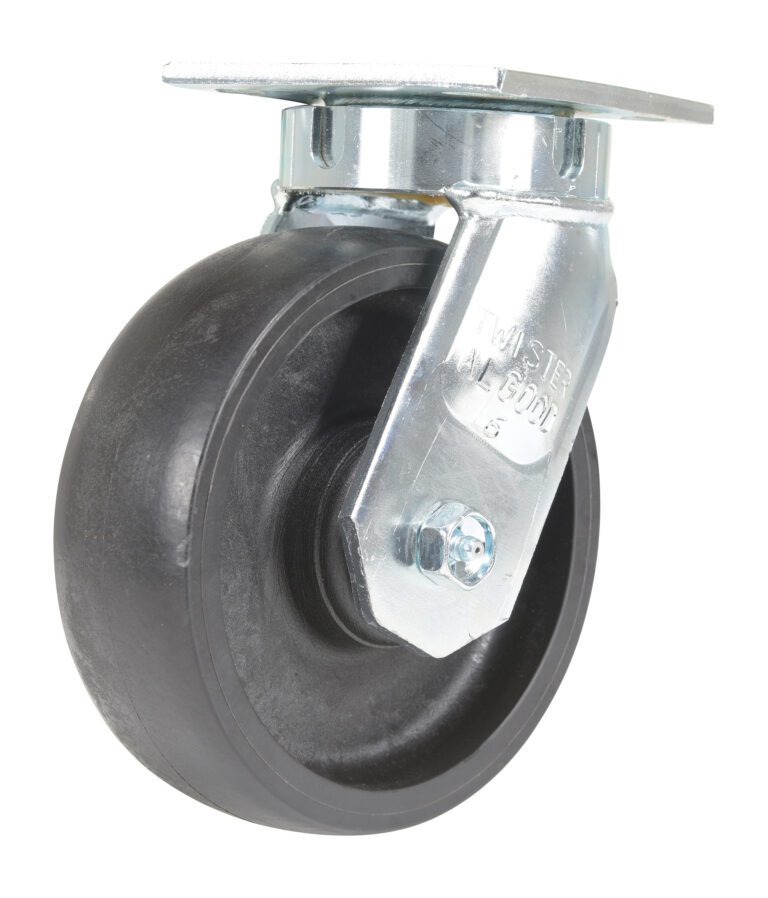 CST-HHD-6X2GFN-S_A.jpg The Vestil 6X2 Glass Filled Nylon Heavy Duty Swivel Caster features a durable wheel on a shiny metal plate, ensuring smooth rotation for improved furniture or equipment mobility.