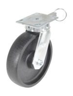 Close-up of a single Vestil 8X2 Glass Filled Nylon Heavy Duty, Swivel/4Lock caster wheel with a black rubber tire. It features a rectangular metal plate with four mounting holes and a pin for rotation or locking, positioned against a plain white background.