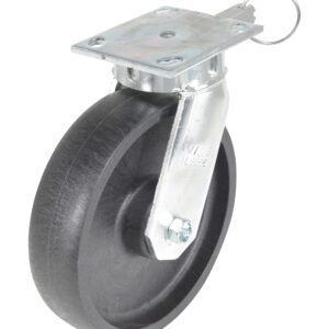 Close-up of a single Vestil 8X2 Glass Filled Nylon Heavy Duty, Swivel/4Lock caster wheel with a black rubber tire. It features a rectangular metal plate with four mounting holes and a pin for rotation or locking, positioned against a plain white background.