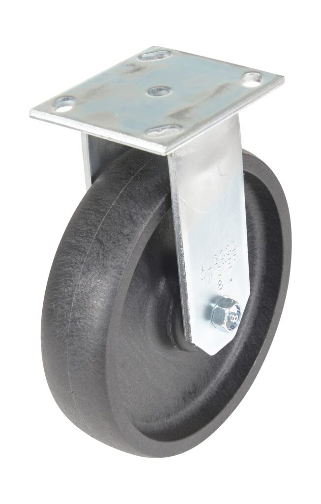 The Vestil 8X2 Glass Filled Nylon Heavy Duty, Rigid caster wheel has a metal mounting plate and bracket. Its upright position highlights the side profile and shiny reflector hardware of the black wheel.