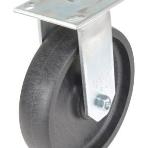 The Vestil 8X2 Glass Filled Nylon Heavy Duty, Rigid caster wheel has a metal mounting plate and bracket. Its upright position highlights the side profile and shiny reflector hardware of the black wheel.