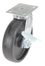 Close-up of a Vestil 8X2 Glass Filled Nylon Heavy Duty,Swb swivel caster wheel with a metal mounting plate and brake. This robust wheel is built for heavy-duty use with a metallic frame for easy attachment and smooth movement.