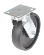 Meet the Vestil 8X2 Glass Filled Nylon Heavy Duty, Swivel: a rugged caster with a swiveling black wheel and sturdy metal plate, perfect for tough jobs. Its angled design emphasizes the durable wheel and precision-crafted metal components.