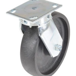 Meet the Vestil 8X2 Glass Filled Nylon Heavy Duty, Swivel: a rugged caster with a swiveling black wheel and sturdy metal plate, perfect for tough jobs. Its angled design emphasizes the durable wheel and precision-crafted metal components.