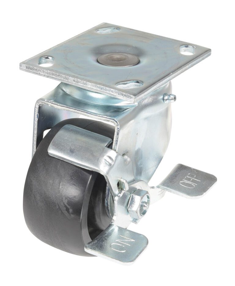 CST-HLD-4X2GFN-SWB_A.jpg The Vestil 4X2 Glass Filled Nylon Light Duty, Swb caster is highlighted with a black rubber wheel, featuring a top mounting plate and side brake lever for 360-degree mobility in light-duty applications.
