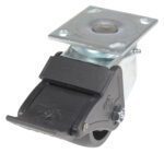 The Vestil 4X2 Glass Filled Nylon Light Duty Swivel/Lock features a rectangular mounting plate, locking mechanism, and a black wheel with a silver bracket. It includes a side-mounted black foot pedal for easy operation.