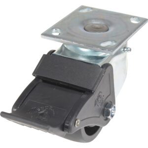 The Vestil 4X2 Glass Filled Nylon Light Duty Swivel/Lock features a rectangular mounting plate, locking mechanism, and a black wheel with a silver bracket. It includes a side-mounted black foot pedal for easy operation.