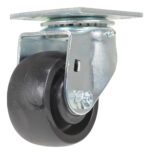 The Vestil 4X2 Glass Filled Nylon Light Duty Swivel caster wheel is depicted with a black rubber tire and metal construction. It features a square mounting plate and ball bearings for smooth 360-degree rotation.