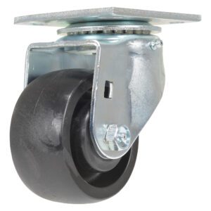 The Vestil 4X2 Glass Filled Nylon Light Duty Swivel caster wheel is depicted with a black rubber tire and metal construction. It features a square mounting plate and ball bearings for smooth 360-degree rotation.