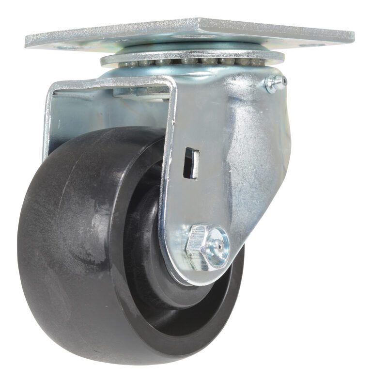 CST-HLD-4X2GFN-S_A.jpg The Vestil 4X2 Glass Filled Nylon Light Duty Swivel caster wheel is depicted with a black rubber tire and metal construction. It features a square mounting plate and ball bearings for smooth 360-degree rotation.