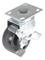 The Vestil 5X2 Glass Filled Nylon Light Duty,Swb caster includes a metal swivel design, black rubber wheel, and flat mounting plate. Its ON/OFF locking mechanism ensures secure stability.